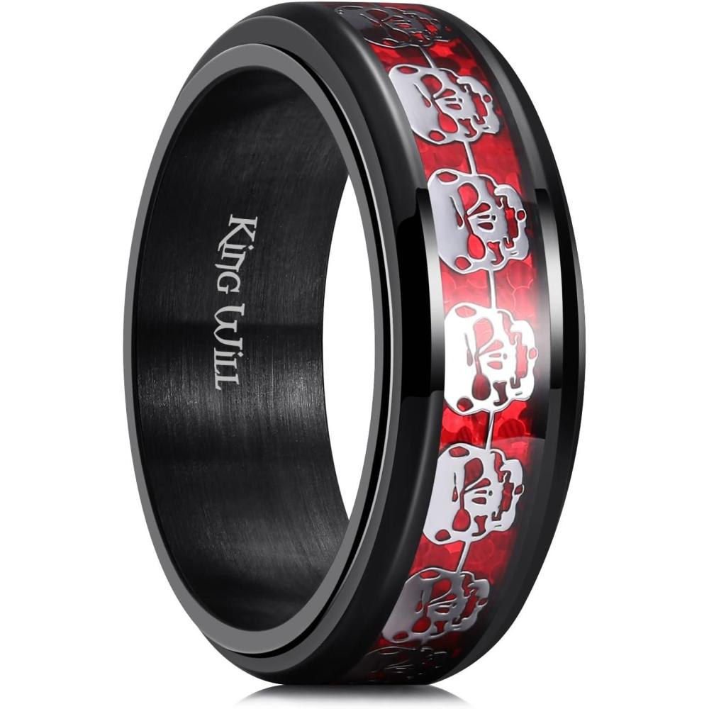 imageKing Will 316L Stainless Steel Spinner Ring for Men Women8mm Wedding Band wirh Red SkullSpider Pattern in BlackSliver Plated Comfort Fit Spinner Fidget Wedding Ring Size 714Skull Red 8mm