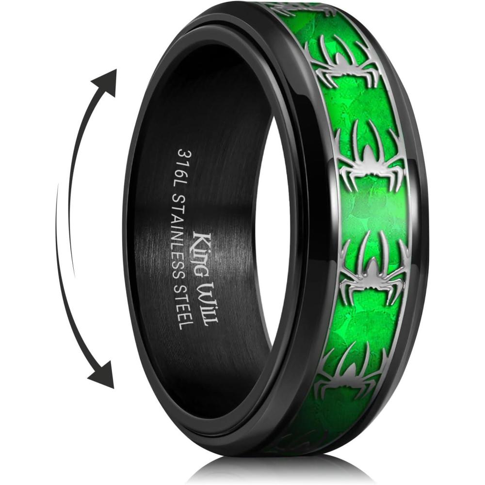 imageKing Will 316L Stainless Steel Spinner Ring for Men Women8mm Wedding Band wirh Red SkullSpider Pattern in BlackSliver Plated Comfort Fit Spinner Fidget Wedding Ring Size 714blackgreen