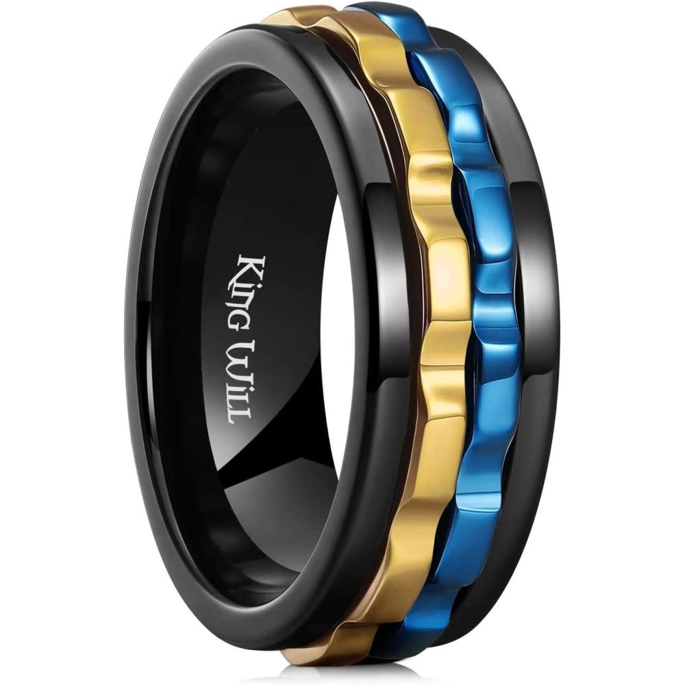 imageKing Will 316L Stainless Steel Spinner Ring for Men8mm Gear Fidget Spinner Ring in Multicolors Anxiety Relief and Stress Free Wedding Band Comfort Fit Size 414BlackGoldBlue Gear