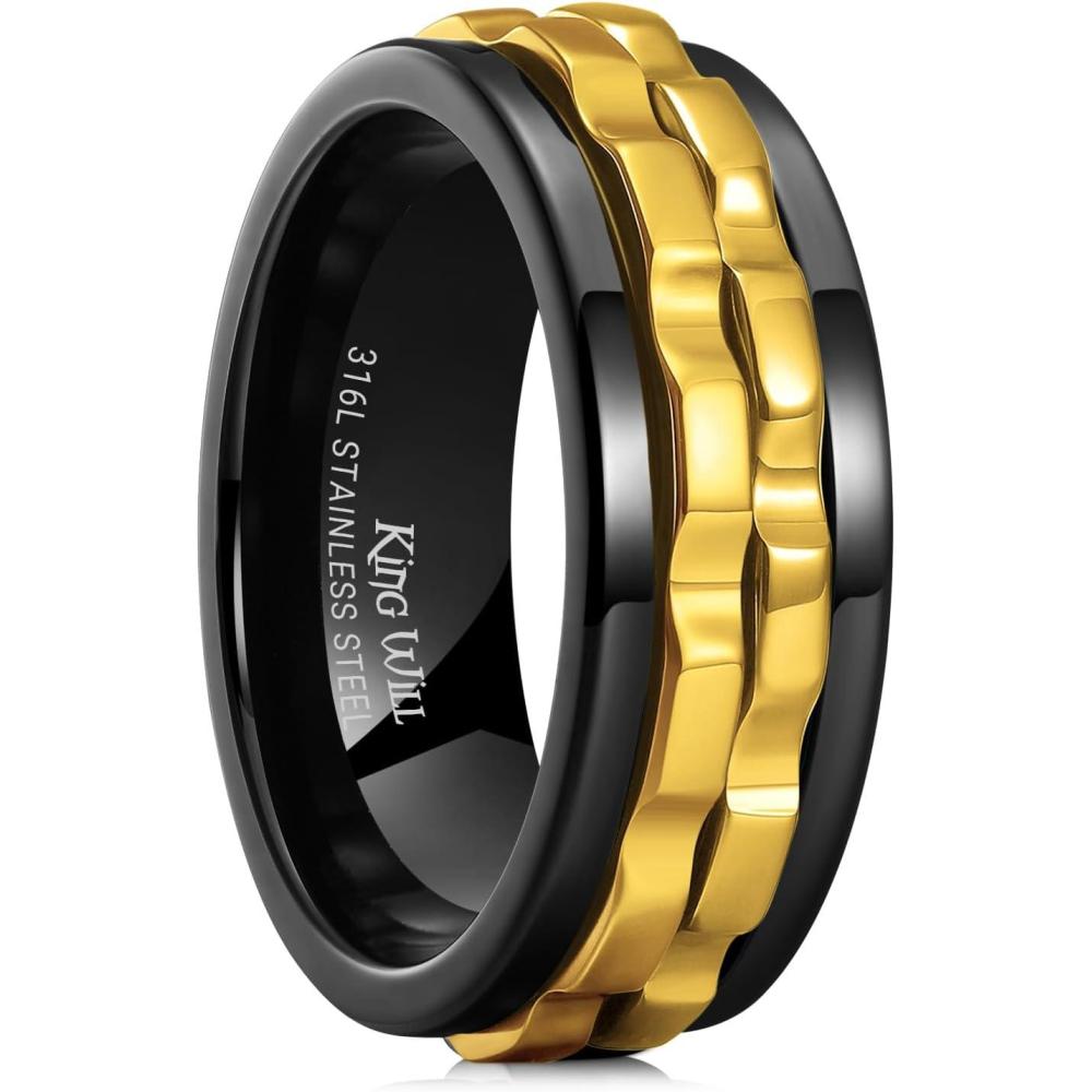 imageKing Will 316L Stainless Steel Spinner Ring for Men8mm Gear Fidget Spinner Ring in Multicolors Anxiety Relief and Stress Free Wedding Band Comfort Fit Size 414BlackGold Gear
