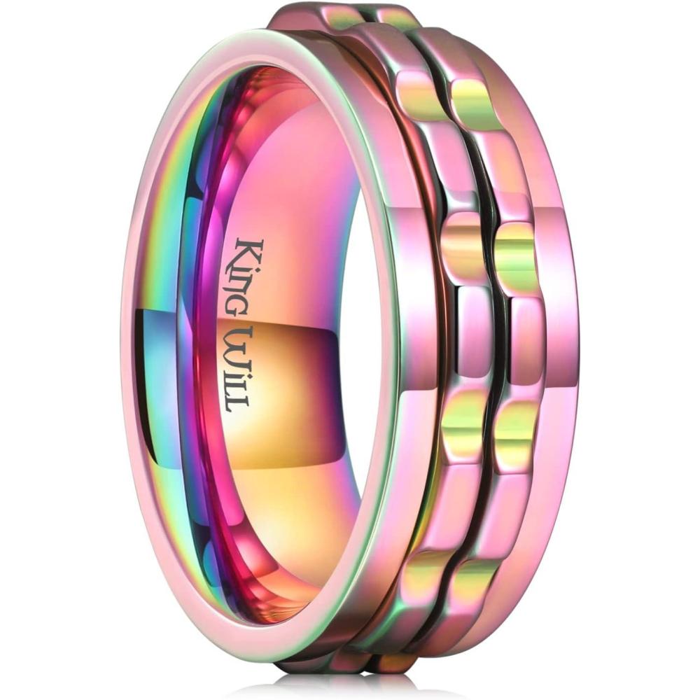 imageKing Will 316L Stainless Steel Spinner Ring for Men8mm Gear Fidget Spinner Ring in Multicolors Anxiety Relief and Stress Free Wedding Band Comfort Fit Size 414PinkRainbow Gear