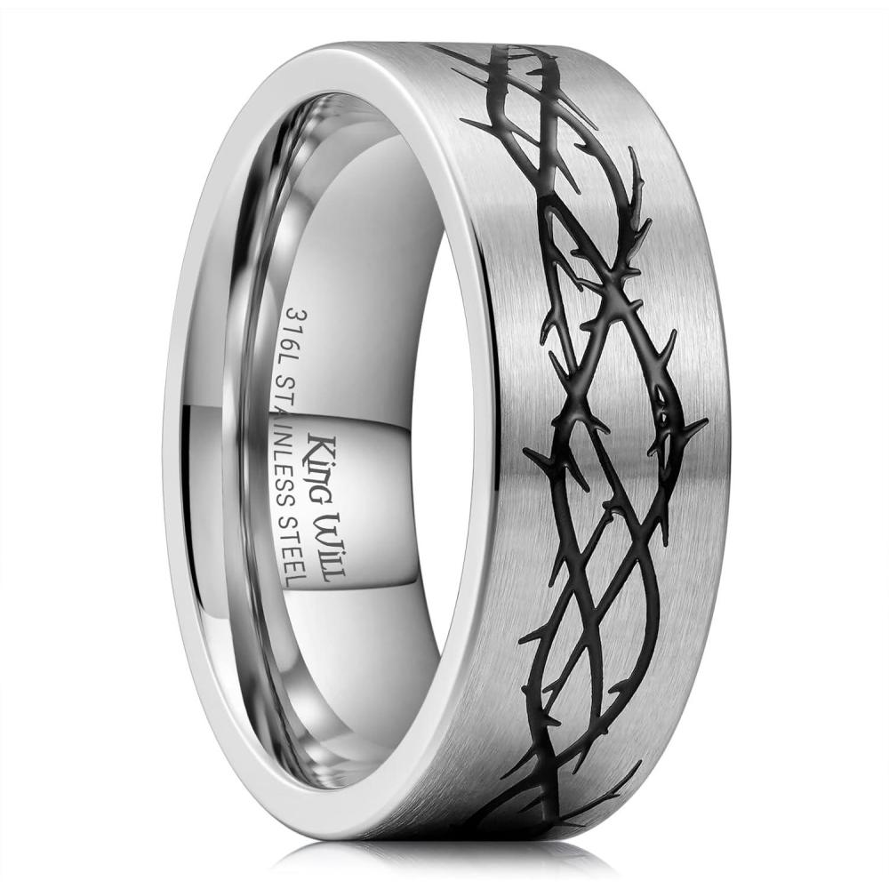 imageKing Will 316L Stainless Steel Wedding Band for Men Women Celtic Knots and Nature Style Design Wedding Ring in Multicolor Available Comfort Fit Size 714ThornsSliver
