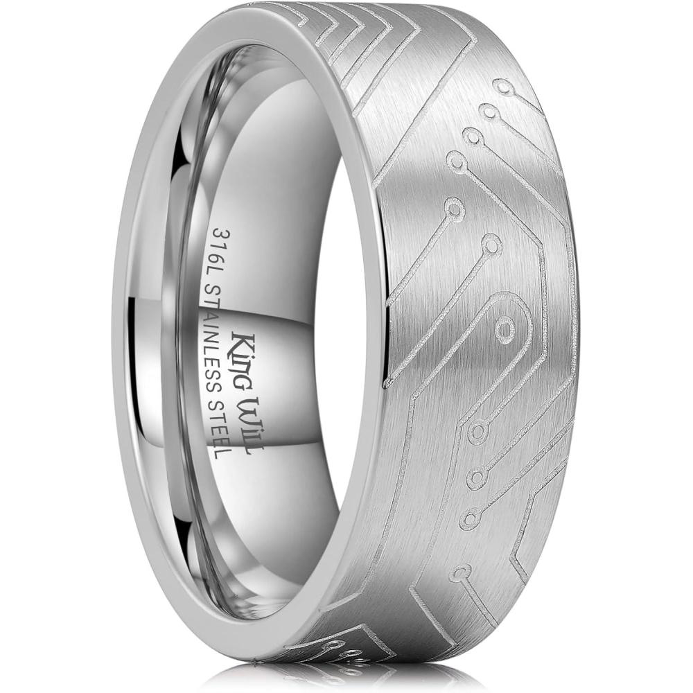 imageKing Will 316L Stainless Steel Wedding Band for Men Women Celtic Knots and Nature Style Design Wedding Ring in Multicolor Available Comfort Fit Size 714SliverCircuit Pattern