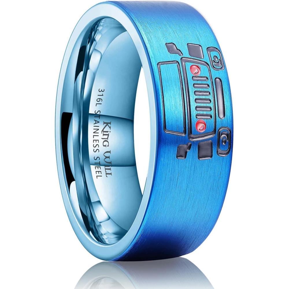imageKing Will 316L Stainless Steel Wedding Band for Men8mm SteelBlue Wedding Ring Polished with Music StaffMusical NoteCar DesignComfort Fit for Everyday Wear Size 712Blue