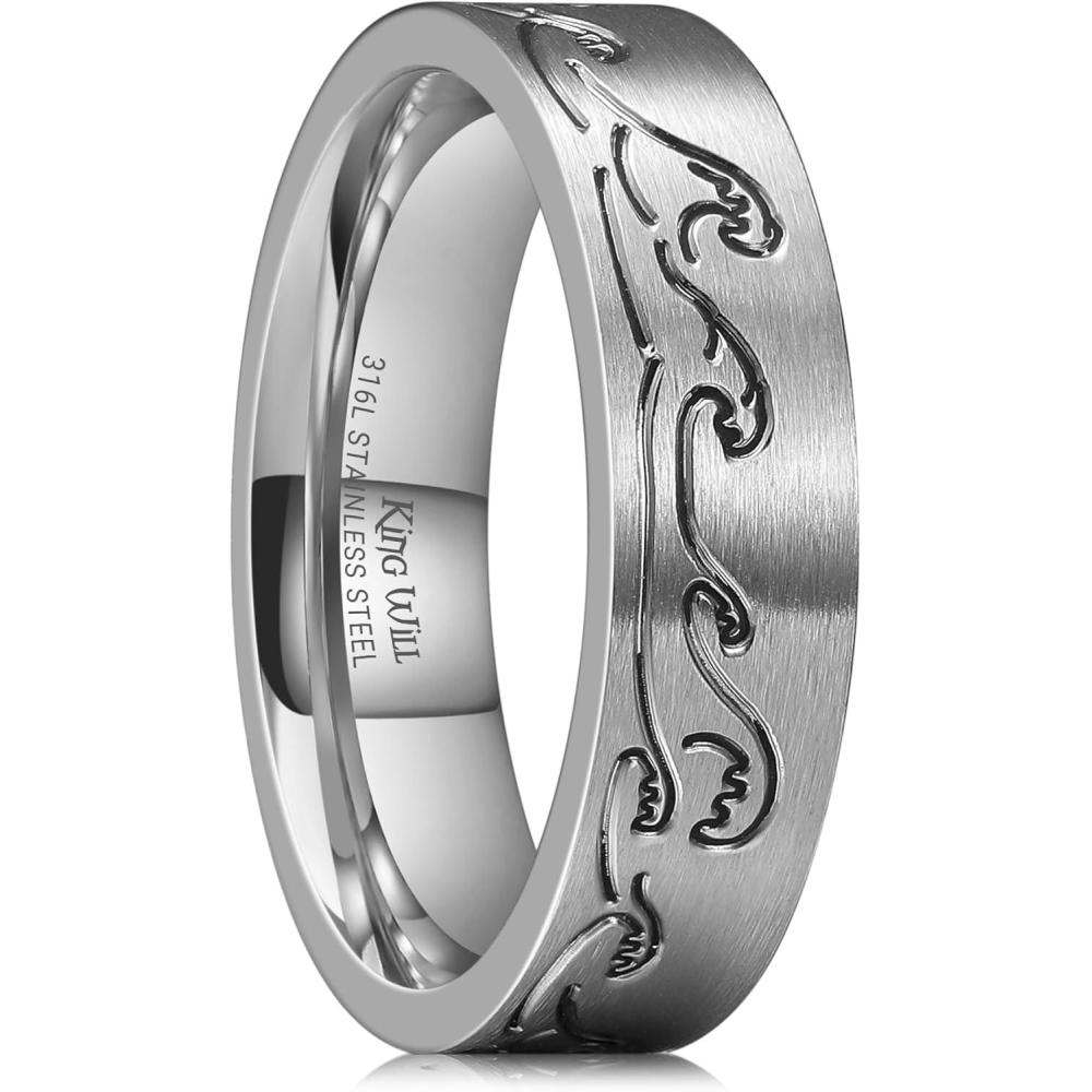 imageKing Will 316L Stainless Steel Wedding Ring for Men Women68mm Nature Collection with Mountain Waves Sunrise Forest Pattern Multicolor Available Comfort Fit Size 714CWavesSteel Silver