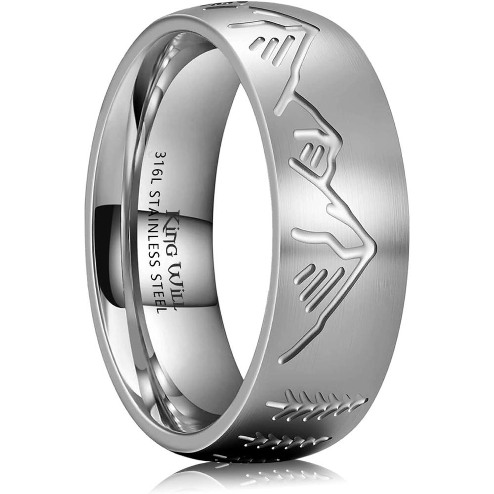 imageKing Will 316L Stainless Steel Wedding Ring for Men Women68mm Nature Collection with Mountain Waves Sunrise Forest Pattern Multicolor Available Comfort Fit Size 714BSliverForest and Bear