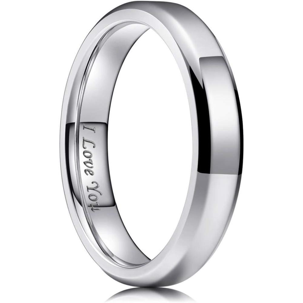 imageKing Will 4mm Stainless Steel Ring Polished Plain Beveled Edge Wedding Band Laser Etched I Love You 6