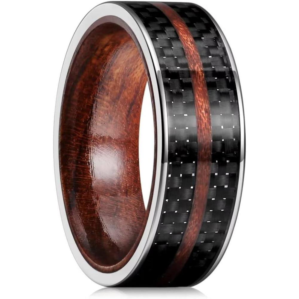 imageKing Will 68mm Wedding Band for Men SilverBlack Hammered Titanium Wedding Ring Inlaid Wood Inner Hole Wedding Band for Men Matte Brushed Comfort Fit 714C8mm