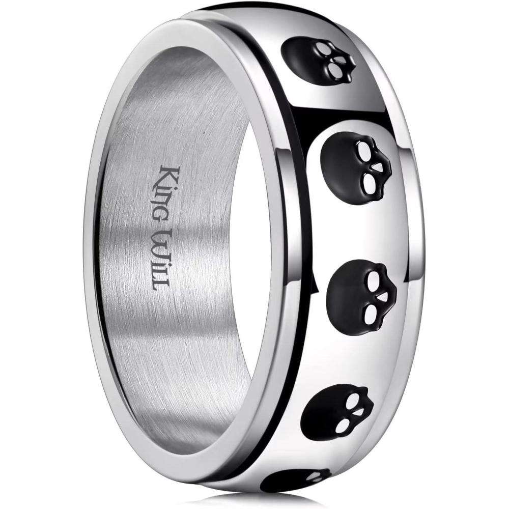 imageKing Will 6mm 7mm 8mm Silver Black Stainless Steel Ring Spinner Ring Anxiety Relief Wedding Ring For Men Women Forest Elk Deer FamilyMoon StarSkull HeadEvil EyePoker Pattern Size 714Skull Head