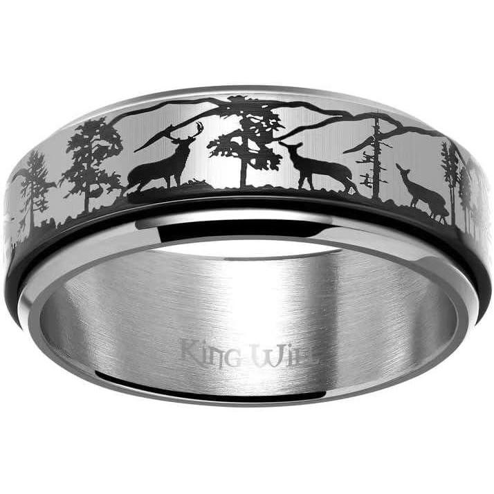 imageKing Will 6mm 7mm 8mm Silver Black Stainless Steel Ring Spinner Ring Anxiety Relief Wedding Ring For Men Women Forest Elk Deer FamilyMoon StarSkull HeadEvil EyePoker Pattern Size 714Landscape