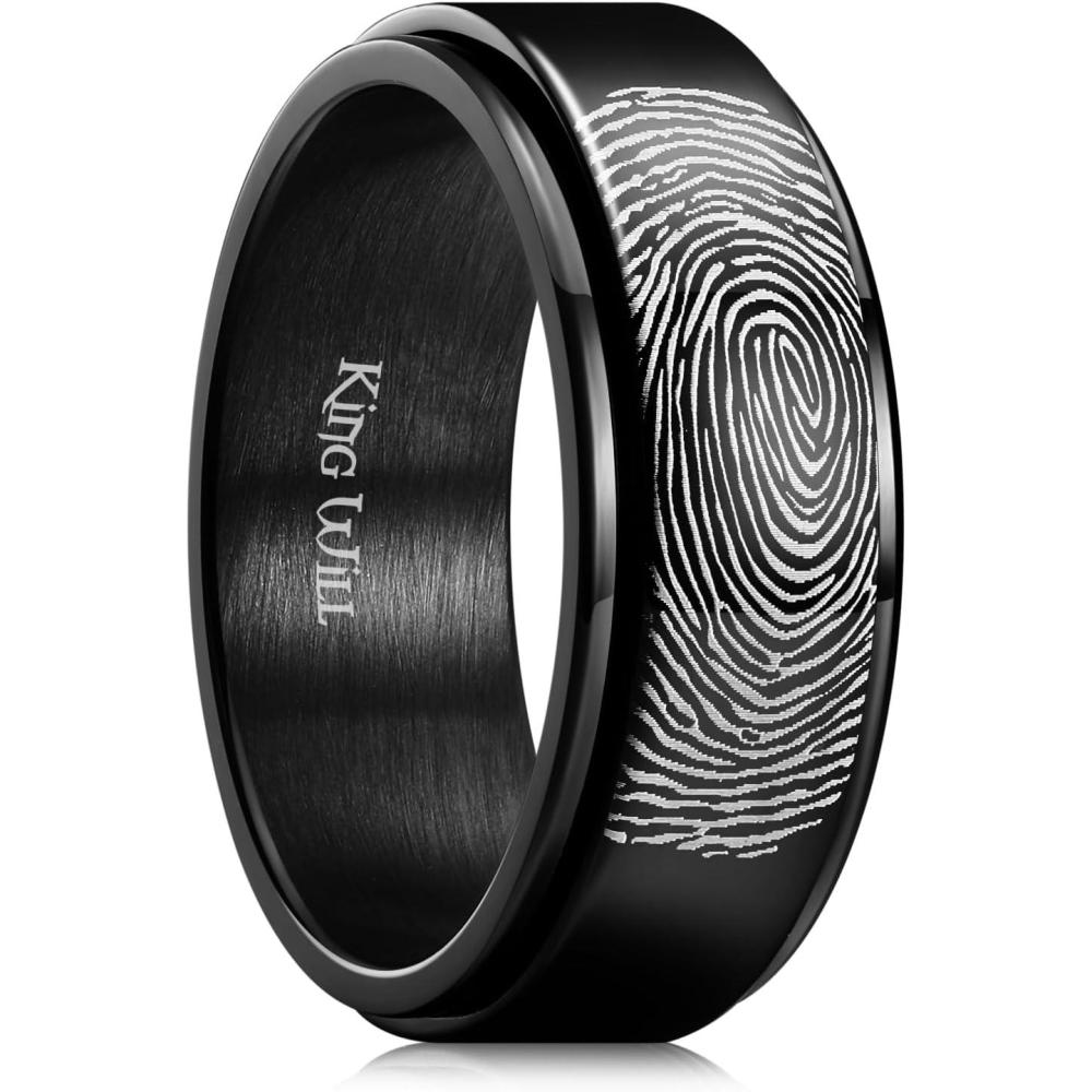 imageKing Will 6mm 7mm 8mm Silver Black Stainless Steel Ring Spinner Ring Anxiety Relief Wedding Ring For Men Women Forest Elk Deer FamilyMoon StarSkull HeadEvil EyePoker Pattern Size 714Fingerprint