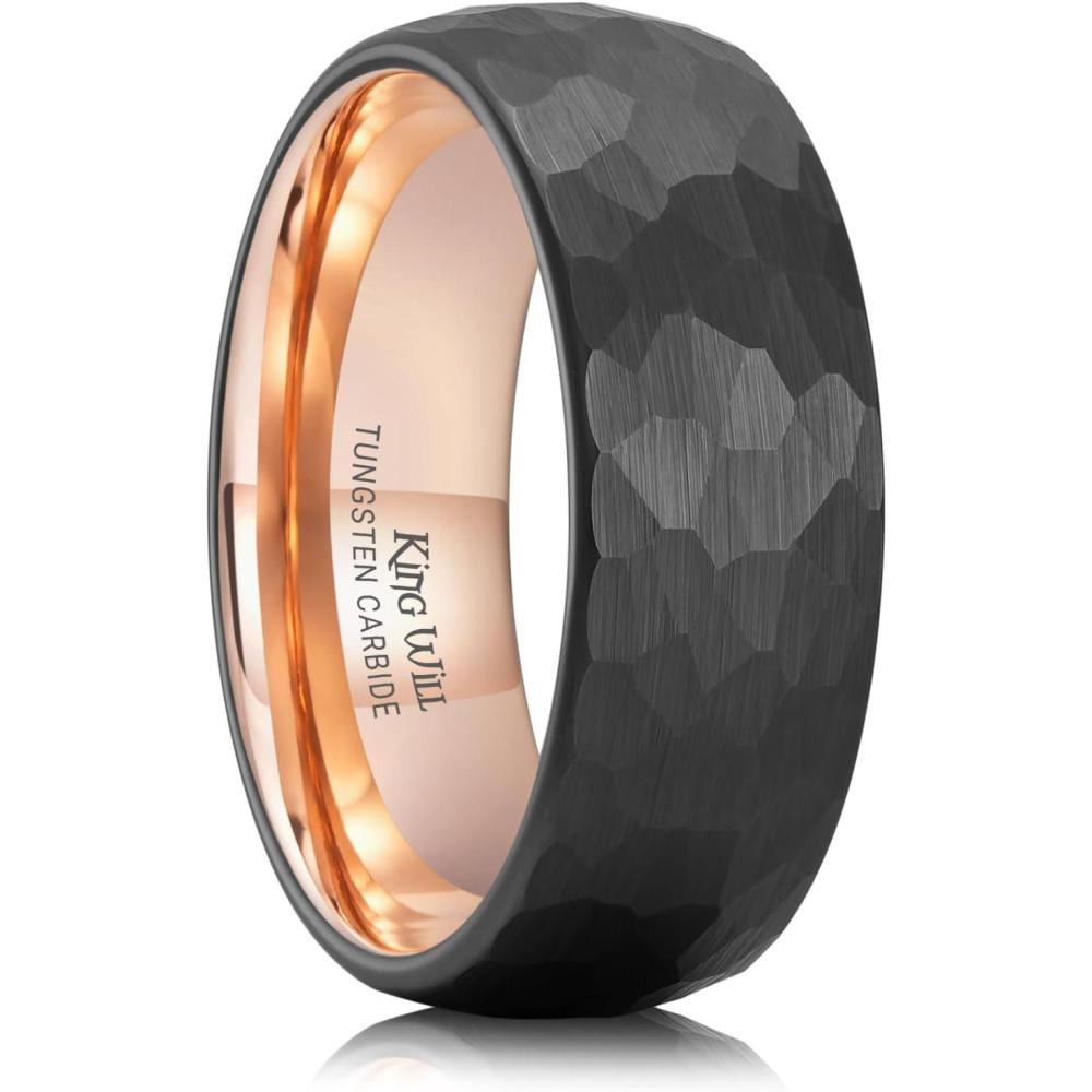 imageKing Will 6mm 8mm Mens Tungsten Carbide Wedding Ring Hammered Groove Wedding Band Mens Two Tone BlackSilverGoldBrown Engagement Ring for Men and Women Matte Brushed Finish Comfort Fit Size 6148MM Rose GoldBlack