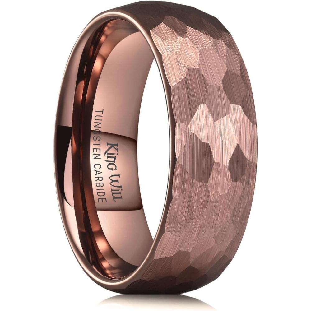 imageKing Will 6mm 8mm Mens Tungsten Carbide Wedding Ring Hammered Groove Wedding Band Mens Two Tone BlackSilverGoldBrown Engagement Ring for Men and Women Matte Brushed Finish Comfort Fit Size 614Brown 8mm