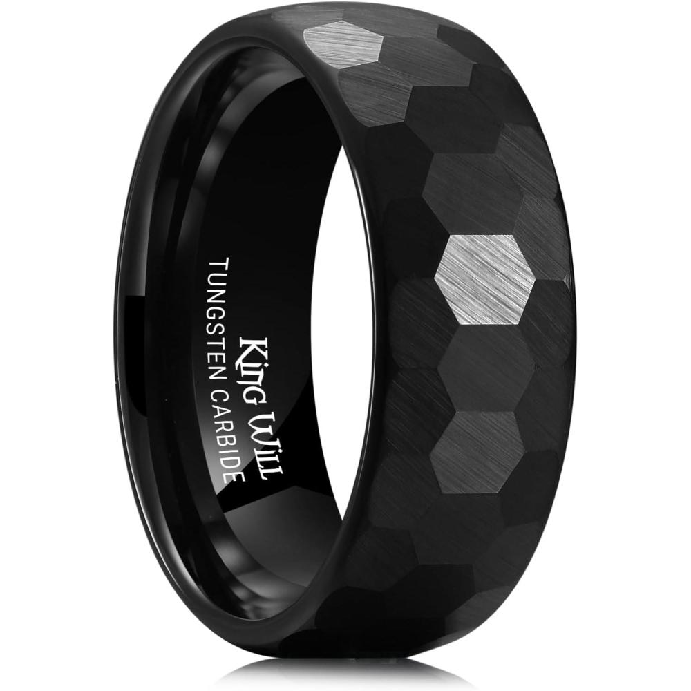 imageKing Will 6mm 8mm Mens Tungsten Carbide Wedding Ring Hammered Groove Wedding Band Mens Two Tone BlackSilverGoldBrown Engagement Ring for Men and Women Matte Brushed Finish Comfort Fit Size 6148mm Blcck Hexagon