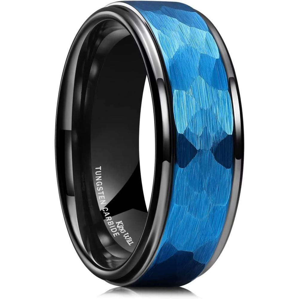 imageKing Will 6mm 8mm Mens Tungsten Carbide Wedding Ring Hammered Groove Wedding Band Mens Two Tone BlackSilverGoldBrown Engagement Ring for Men and Women Matte Brushed Finish Comfort Fit Size 6148mm Blue  Black