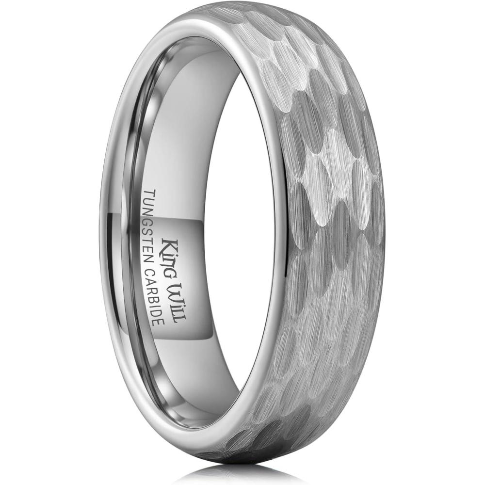 imageKing Will 6mm 8mm Mens Tungsten Carbide Wedding Ring Hammered Groove Wedding Band Mens Two Tone BlackSilverGoldBrown Engagement Ring for Men and Women Matte Brushed Finish Comfort Fit Size 614Silver B 6mm
