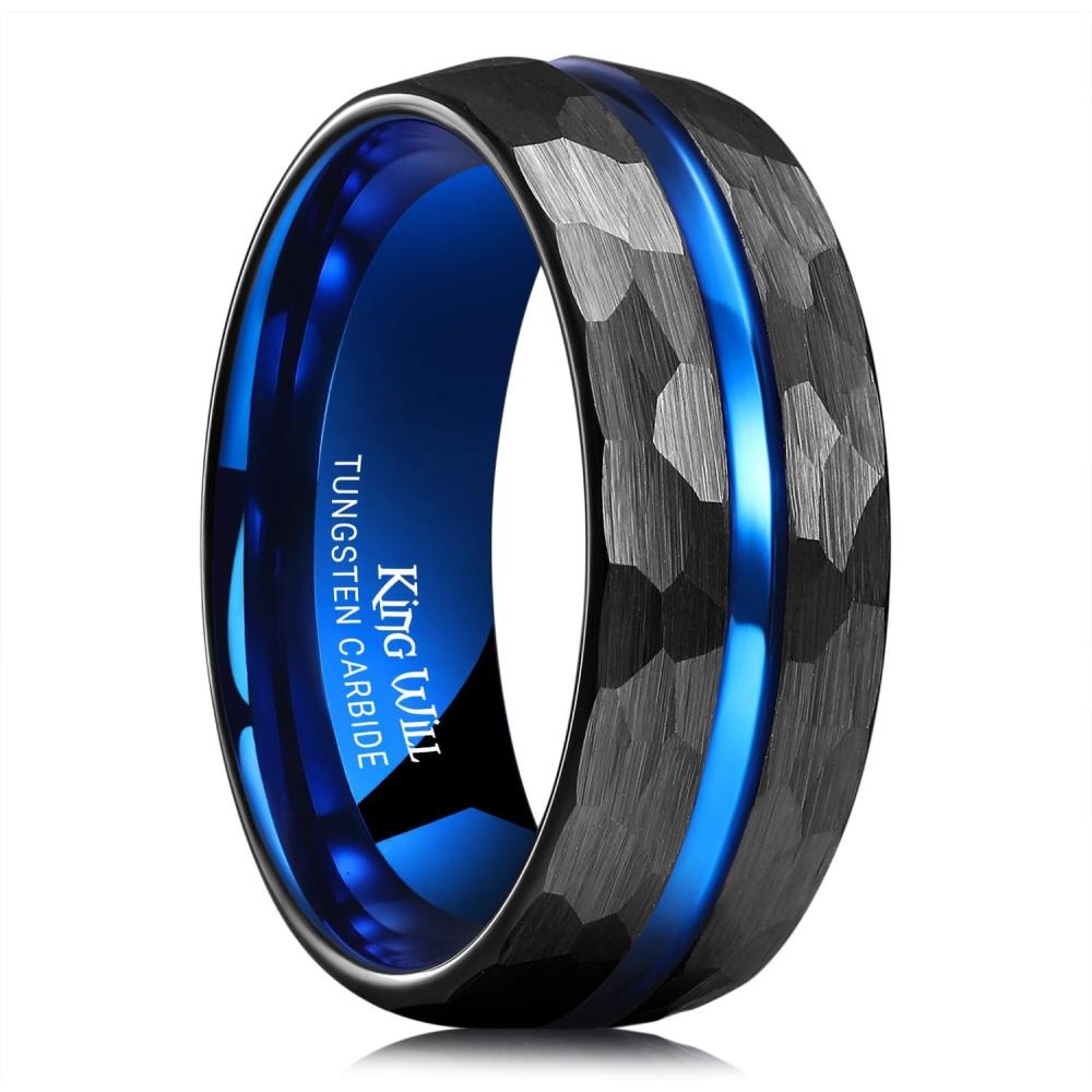imageKing Will 6mm 8mm Mens Tungsten Carbide Wedding Ring Hammered Groove Wedding Band Mens Two Tone BlackSilverGoldBrown Engagement Ring for Men and Women Matte Brushed Finish Comfort Fit Size 6148mm Black  Blue Groove