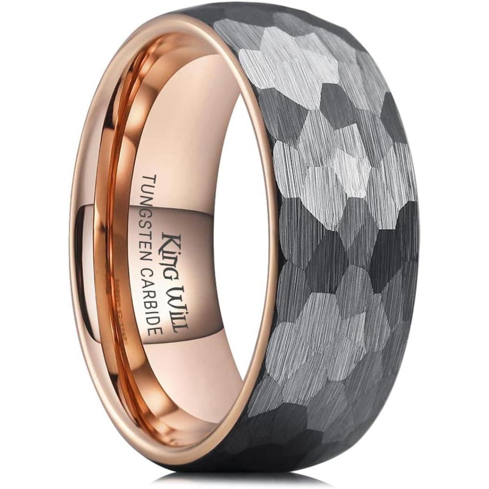 imageKing Will 6mm 8mm Mens Tungsten Carbide Wedding Ring Hammered Groove Wedding Band Mens Two Tone BlackSilverGoldBrown Engagement Ring for Men and Women Matte Brushed Finish Comfort Fit Size 614A 8MM Rose GoldSilver