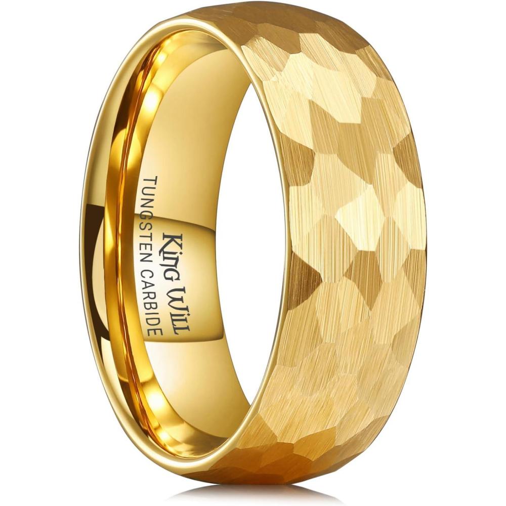 imageKing Will 6mm 8mm Mens Tungsten Carbide Wedding Ring Hammered Groove Wedding Band Mens Two Tone BlackSilverGoldBrown Engagement Ring for Men and Women Matte Brushed Finish Comfort Fit Size 614Gold 8mm
