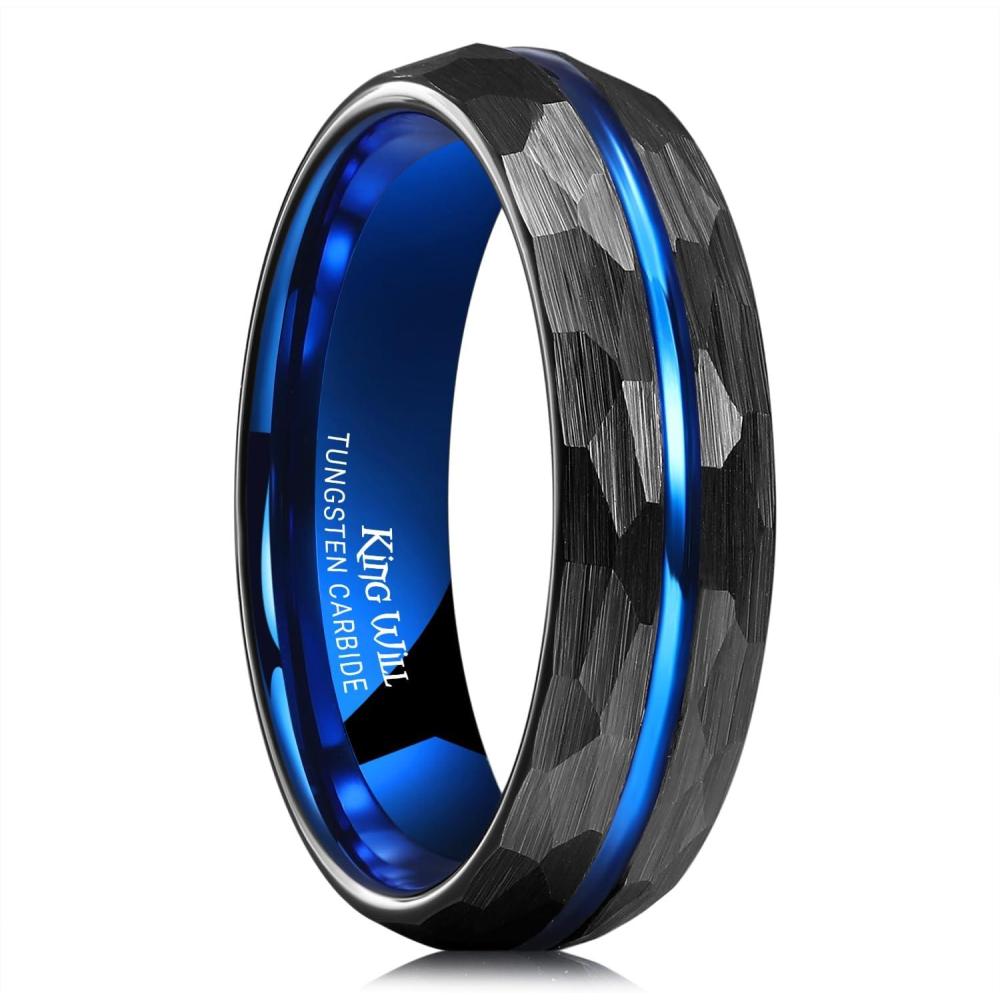 imageKing Will 6mm 8mm Mens Tungsten Carbide Wedding Ring Hammered Groove Wedding Band Mens Two Tone BlackSilverGoldBrown Engagement Ring for Men and Women Matte Brushed Finish Comfort Fit Size 6146mm Black Blue Groove