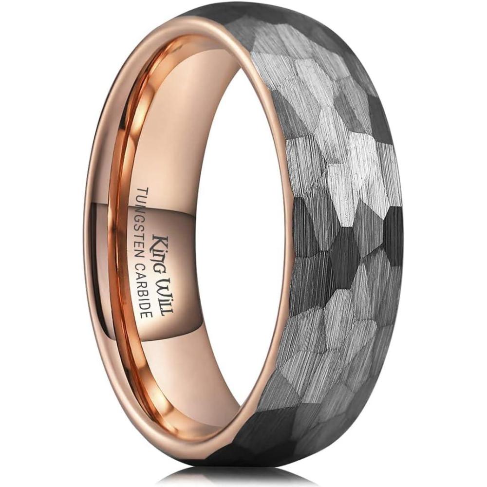 imageKing Will 6mm 8mm Mens Tungsten Carbide Wedding Ring Hammered Groove Wedding Band Mens Two Tone BlackSilverGoldBrown Engagement Ring for Men and Women Matte Brushed Finish Comfort Fit Size 614A 6MM Rose GoldSilver