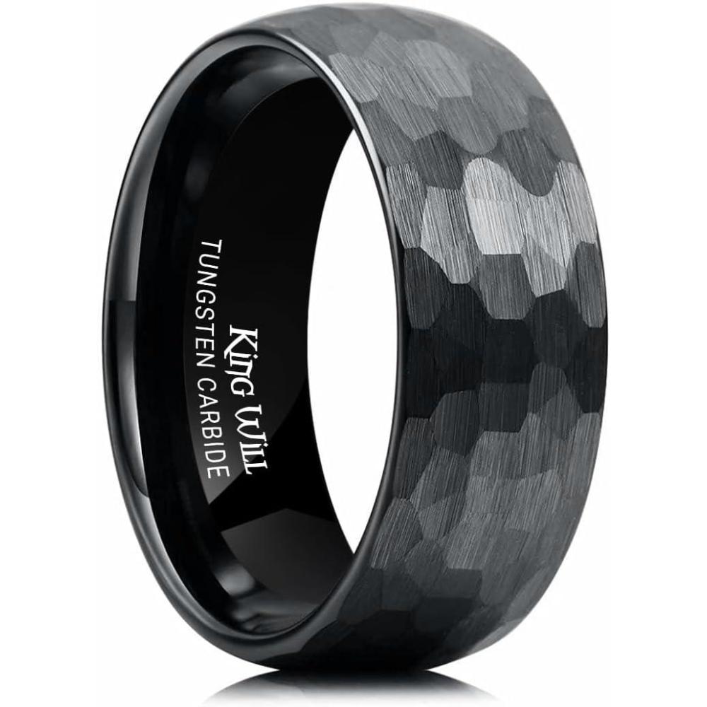 imageKing Will 6mm 8mm Mens Tungsten Carbide Wedding Ring Hammered Groove Wedding Band Mens Two Tone BlackSilverGoldBrown Engagement Ring for Men and Women Matte Brushed Finish Comfort Fit Size 6148mm black