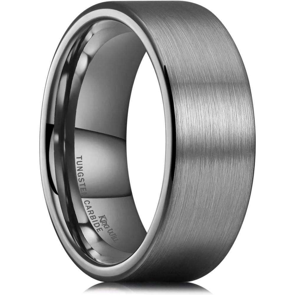 imageKing Will 6mm 8mm Tungsten Wedding Rings for Men BlackSilverGunmetal Plated Pipe Cut Brushed Mens Wedding Band Gifts for Him Size 714 Comfort FitAGunmetal Grey 8mm