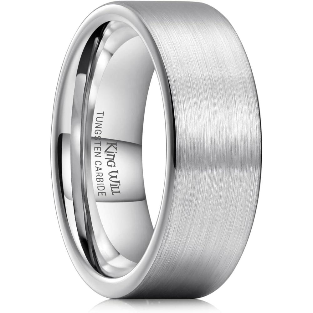 imageKing Will 6mm 8mm Tungsten Wedding Rings for Men BlackSilverGunmetal Plated Pipe Cut Brushed Mens Wedding Band Gifts for Him Size 714 Comfort FitASilver 8mm