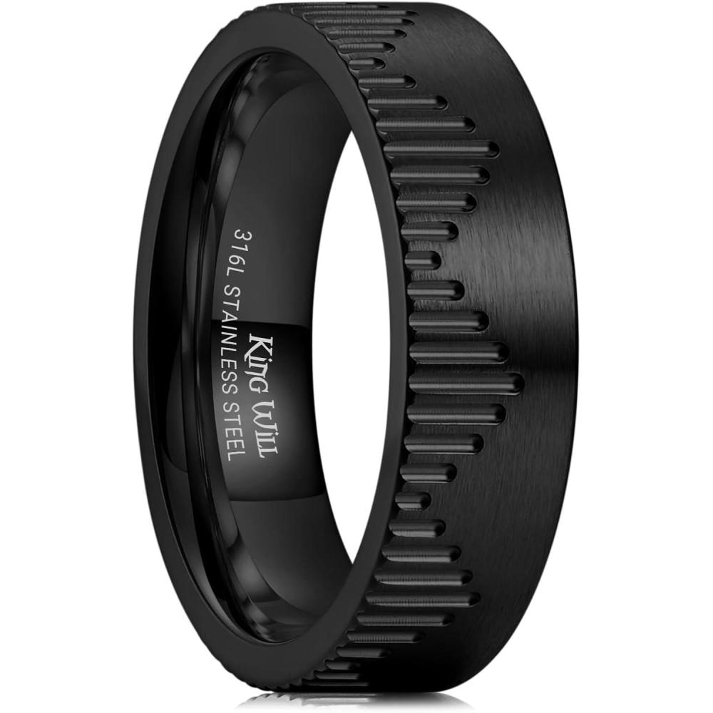 imageKing Will 6mm Stainless Steel Mountain Rings Mens Wedding Rings Mountain Wave Laser Flat Cut Ring for Men Women Comfort Fit DurableBlack