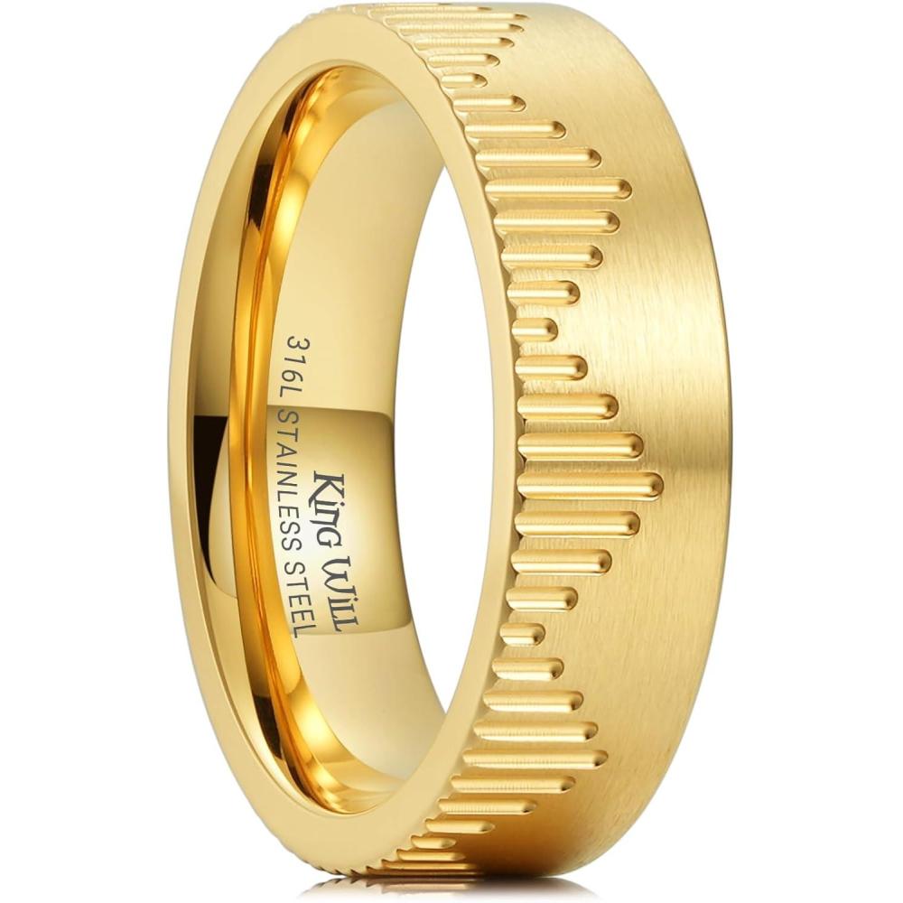 imageKing Will 6mm Stainless Steel Mountain Rings Mens Wedding Rings Mountain Wave Laser Flat Cut Ring for Men Women Comfort Fit DurableGold