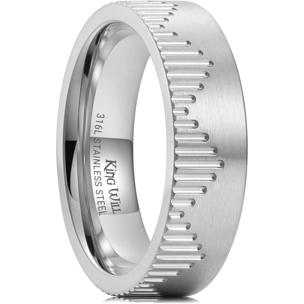 imageKing Will 6mm Stainless Steel Mountain Rings Mens Wedding Rings Mountain Wave Laser Flat Cut Ring for Men Women Comfort Fit DurableSilver