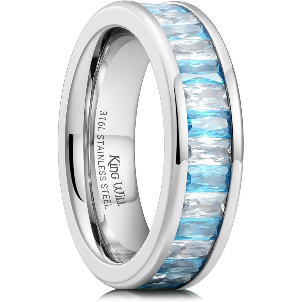 imageKing Will 6mm Women Eternity Rings Colorful CZ Stackable Bands Polished Stainless Steel Anniversary Band Pipe Cut Engagement Ring Durable Comfort Fit Size 610BlueWhite