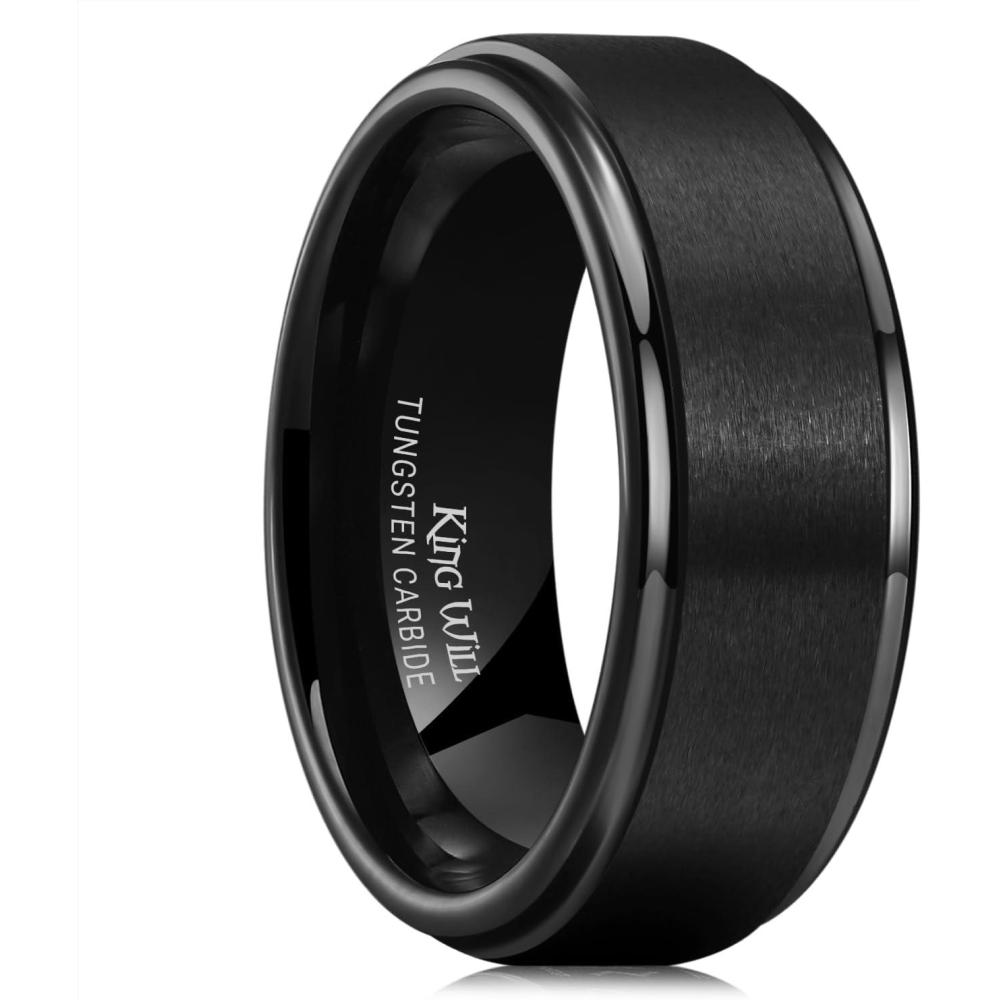 imageKing Will 8mm Black Silver Mens Polished Tungsten Wedding Rings High Polish Surface Wedding Band Blue Silver Step Edge Comfort FitBlackMatte