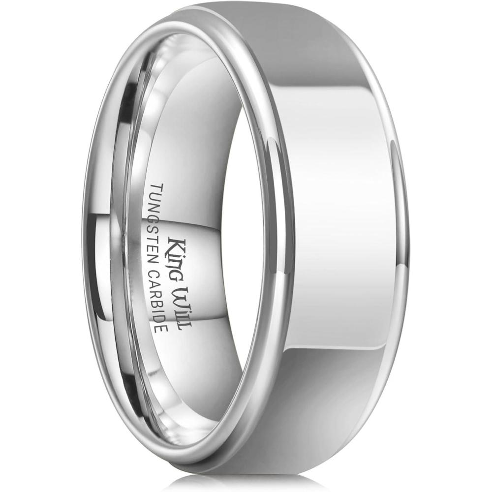 imageKing Will 8mm Black Silver Mens Polished Tungsten Wedding Rings High Polish Surface Wedding Band Blue Silver Step Edge Comfort Fitsilverall