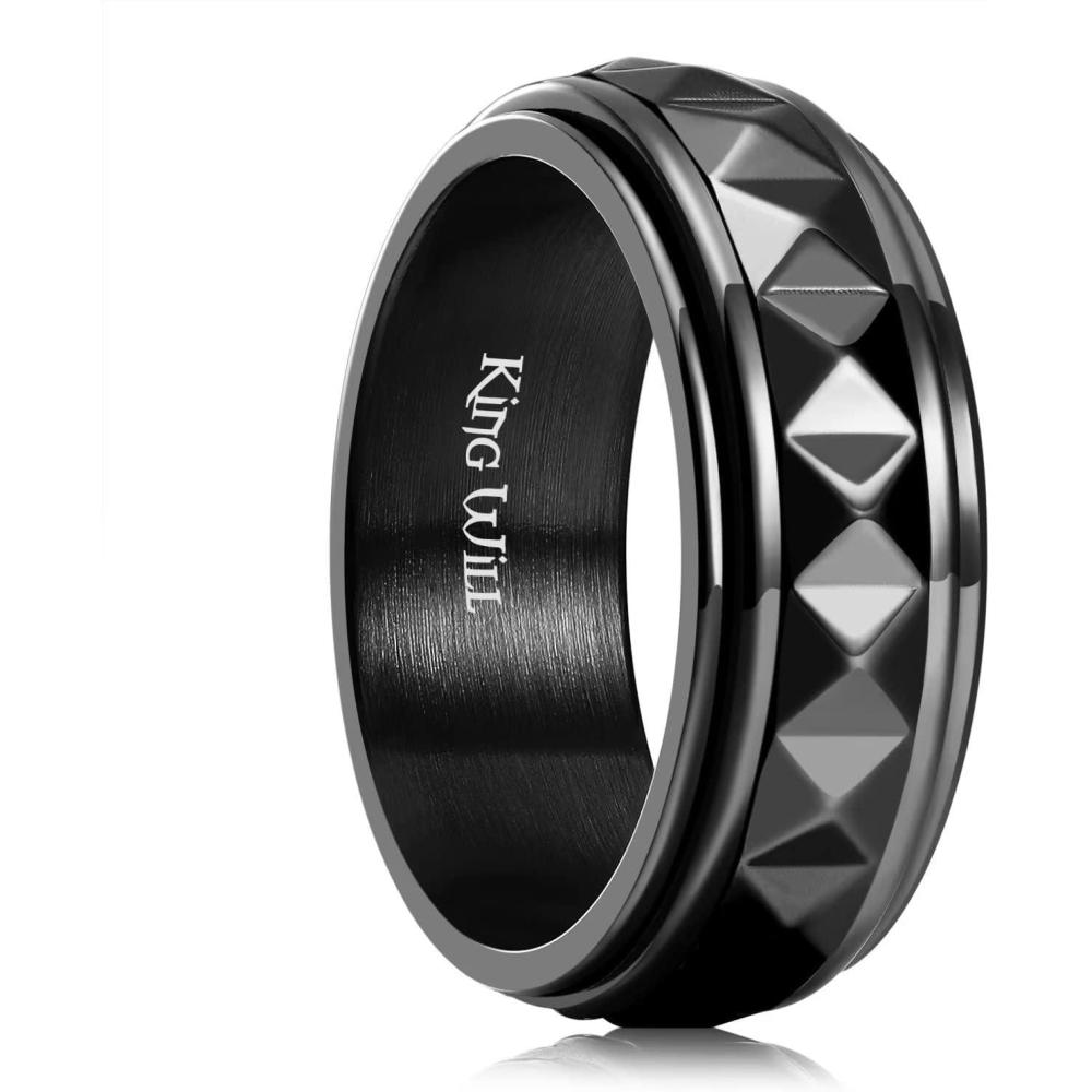 imageKing Will 8mm Black Spinner Stainless Steel Ring Fidget Anxiety Ring for Men with Greek KeyViking PatternRoman NumeralsHammered DesignBlack MultiFaceted