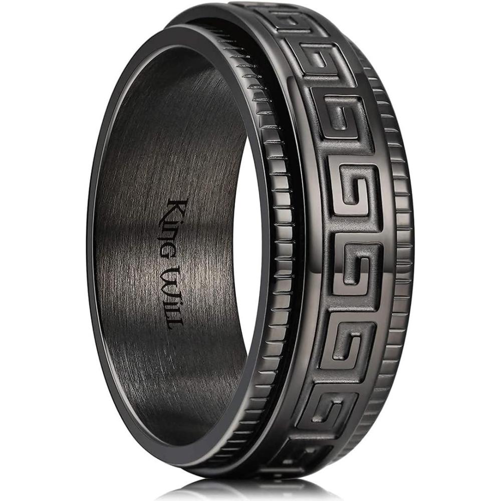 imageKing Will 8mm Black Spinner Stainless Steel Ring Fidget Anxiety Ring for Men with Greek KeyViking PatternRoman NumeralsHammered DesignBlack key