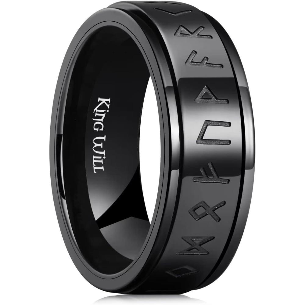 imageKing Will 8mm Black Spinner Stainless Steel Ring Fidget Anxiety Ring for Men with Greek KeyViking PatternRoman NumeralsHammered DesignBlack viking
