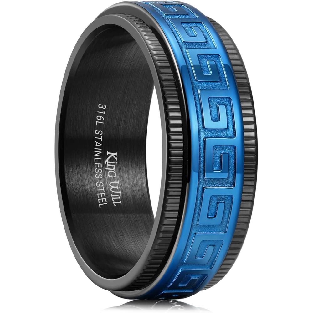 imageKing Will 8mm Black Spinner Stainless Steel Ring Fidget Anxiety Ring for Men with Greek KeyViking PatternRoman NumeralsHammered DesignBlackBlue