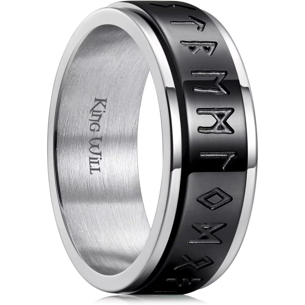 imageKing Will 8mm Black Spinner Stainless Steel Ring Fidget Anxiety Ring for Men with Greek KeyViking PatternRoman NumeralsHammered DesignCenter Black Silver