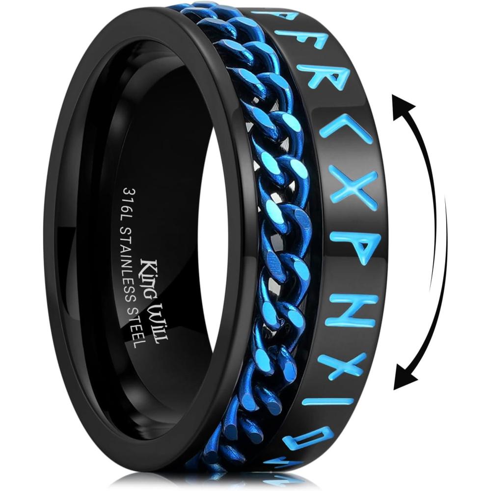 imageKing Will 8mm Black Spinner Stainless Steel Ring Fidget Anxiety Ring for Men with Greek KeyViking PatternRoman NumeralsHammered DesignChainBlackBlue