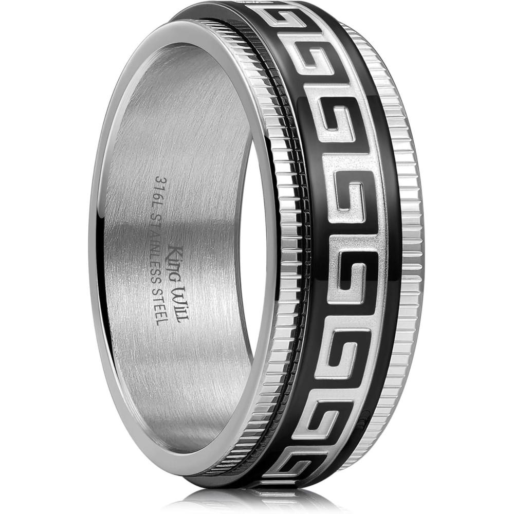imageKing Will 8mm Black Spinner Stainless Steel Ring Fidget Anxiety Ring for Men with Greek KeyViking PatternRoman NumeralsHammered DesignSliverBlack