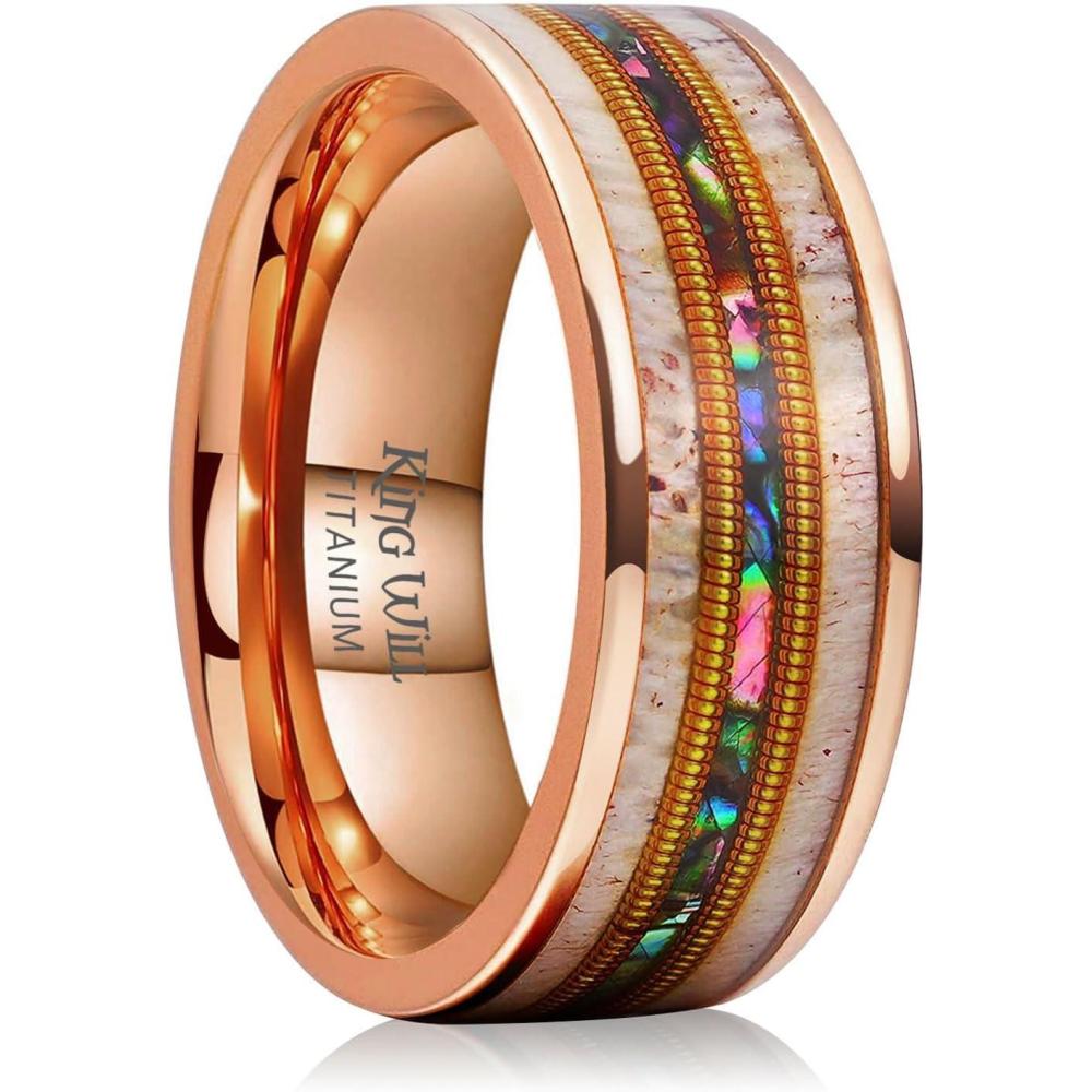 imageKing Will 8mm Black Titanium Ring Sapele Wood Antlers Inlay Wedding Ring High Polished for Women Men Comfort FitRose GoldA