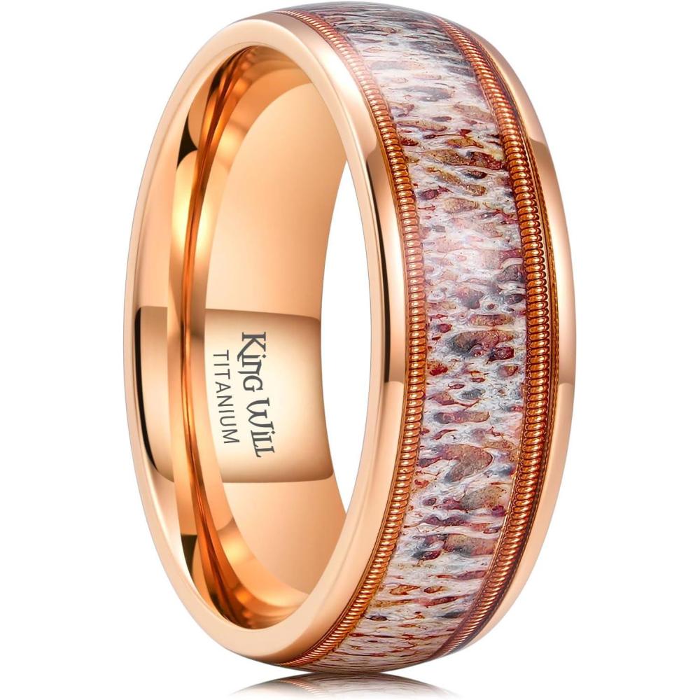imageKing Will 8mm Black Titanium Ring Sapele Wood Antlers Inlay Wedding Ring High Polished for Women Men Comfort FitRose GoldB