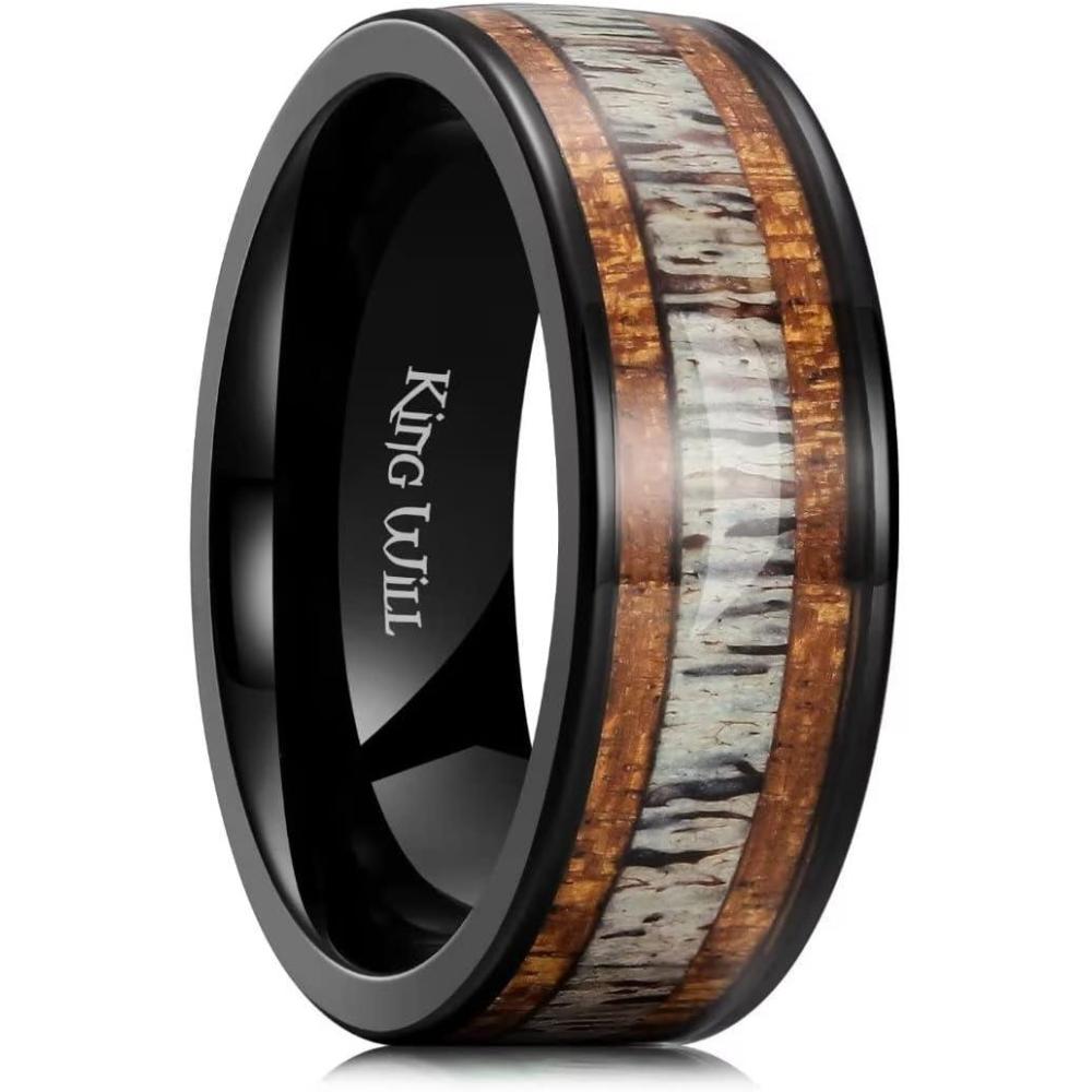 imageKing Will 8mm Black Titanium Ring Sapele Wood Antlers Inlay Wedding Ring High Polished for Women Men Comfort Fitblack
