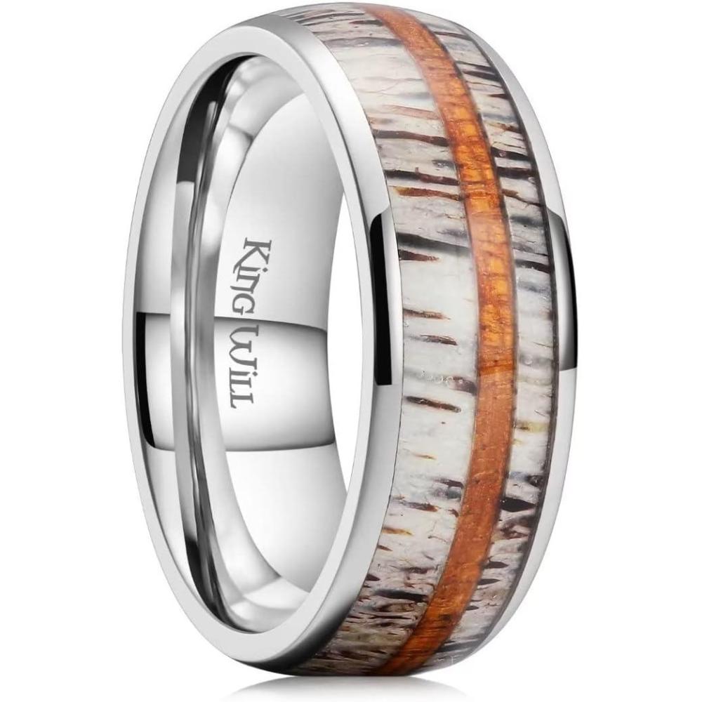 imageKing Will 8mm Black Titanium Ring Sapele Wood Antlers Inlay Wedding Ring High Polished for Women Men Comfort Fitsilver
