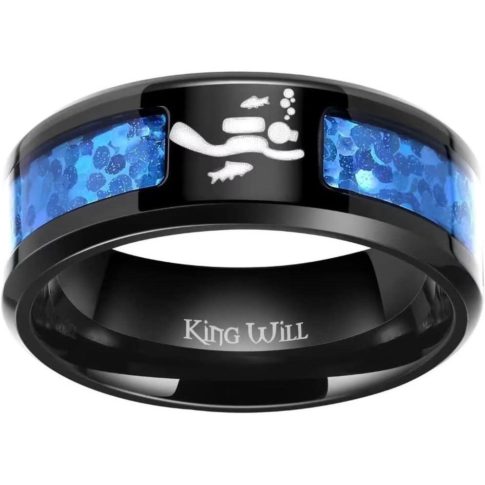 imageKing Will 8mm Black Titanium Ring WoodBlue Opal Inlaid Laser TreeDiver Wedding Ring High Polished for Women Men Beveled Polished EdgeBlue