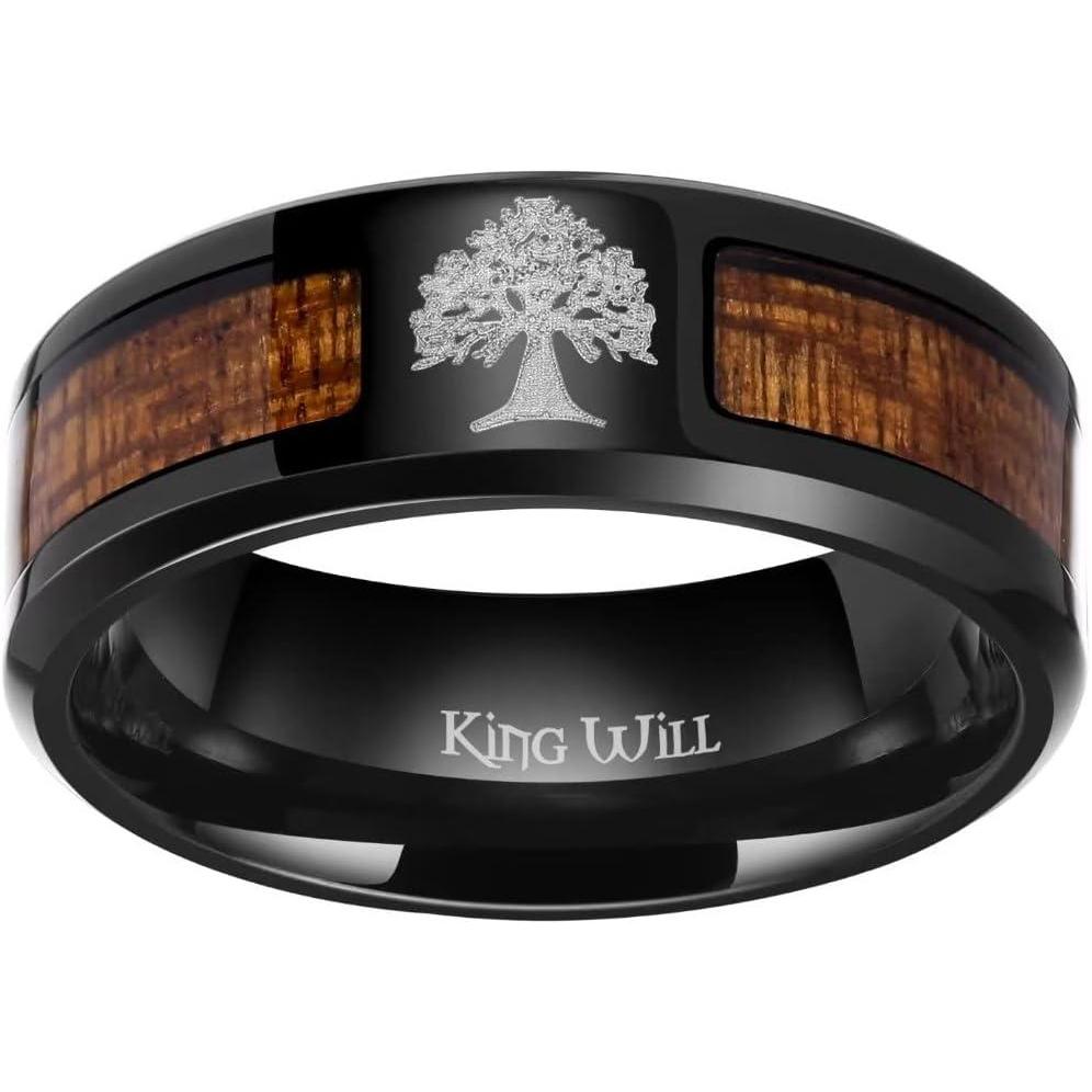 imageKing Will 8mm Black Titanium Ring WoodBlue Opal Inlaid Laser TreeDiver Wedding Ring High Polished for Women Men Beveled Polished EdgeBrown