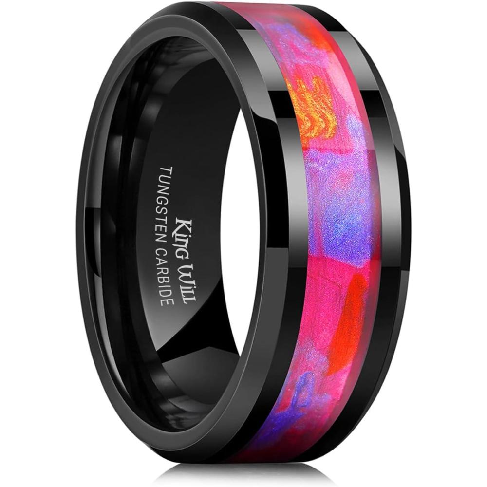 imageKing Will 8mm BlackGold Tungsten Rings Mens Wedding Rings Inlay Beveled Edge Ring for Men Women Comfort Fit DurableBlackRedBlue