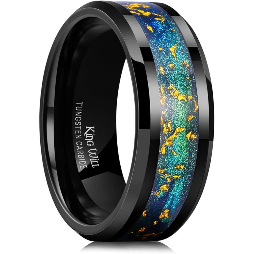 imageKing Will 8mm BlackGold Tungsten Rings Mens Wedding Rings Inlay Beveled Edge Ring for Men Women Comfort Fit DurableBlueGreenGold