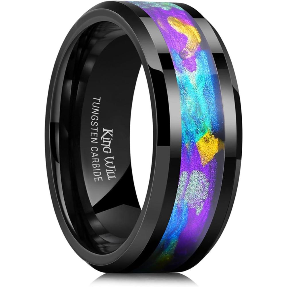imageKing Will 8mm BlackGold Tungsten Rings Mens Wedding Rings Inlay Beveled Edge Ring for Men Women Comfort Fit DurablePurpleBluegreenYellow